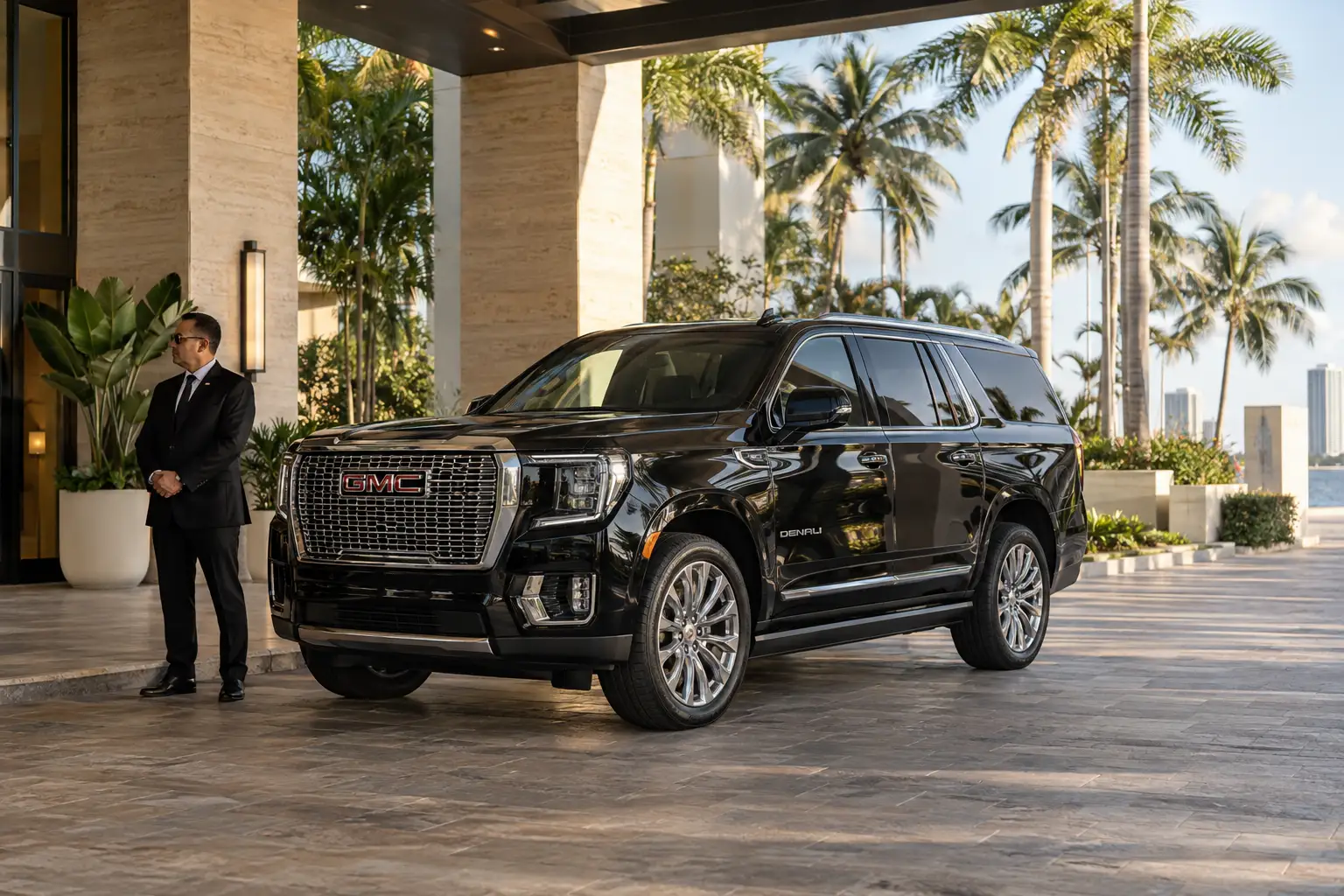 Black GMC Yukon Denali with chauffeur at a palm-lined hotel entrance