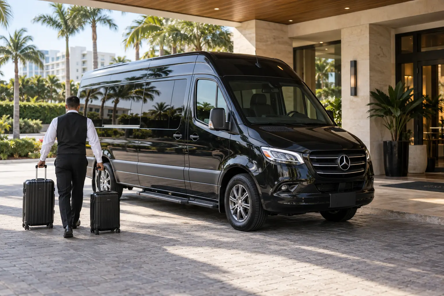 Black Mercedes-Benz Sprinter with chauffeur and luggage at a hotel entrance