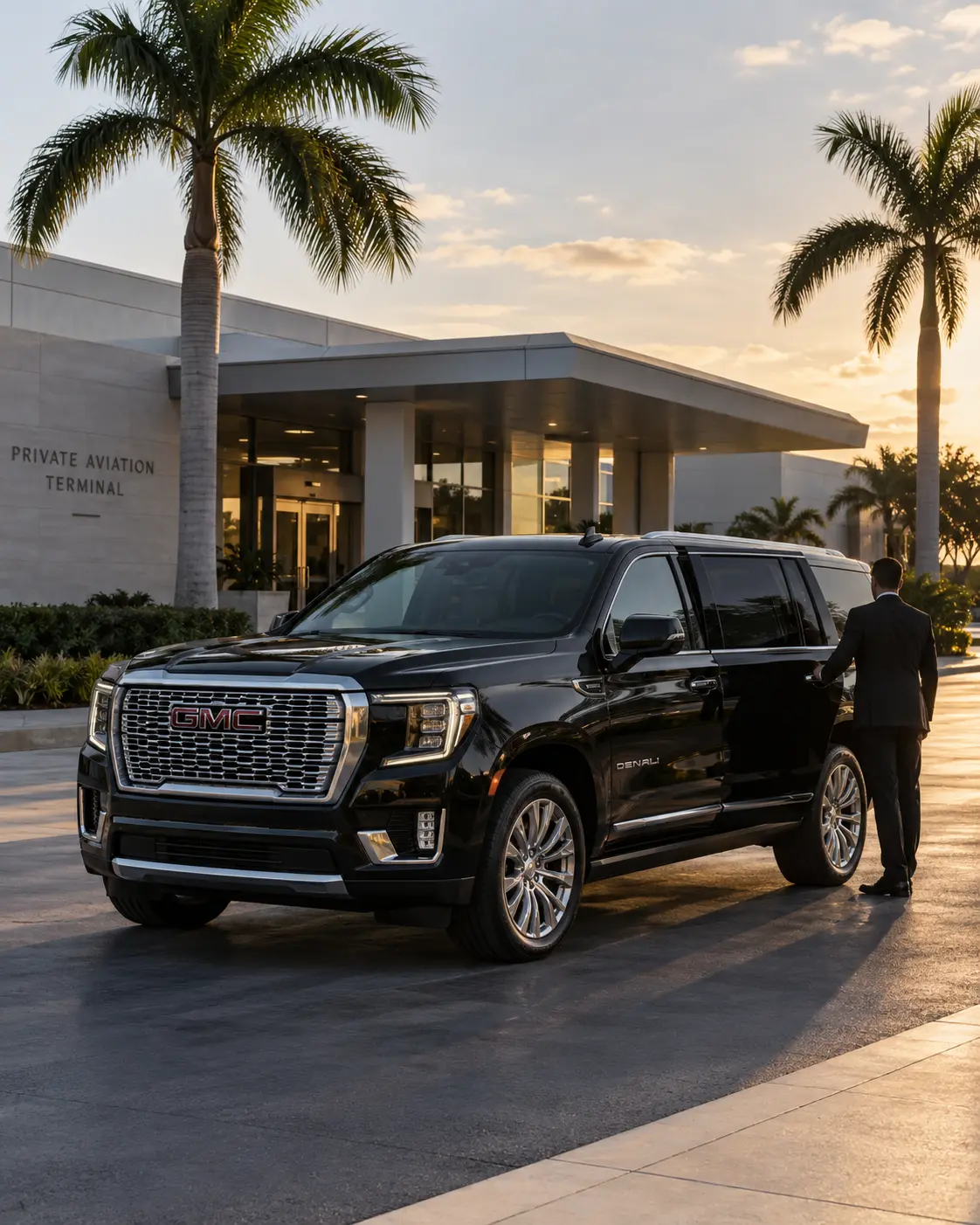 Black executive SUV with chauffeur outside a private aviation terminal for private jet transfers in Miami