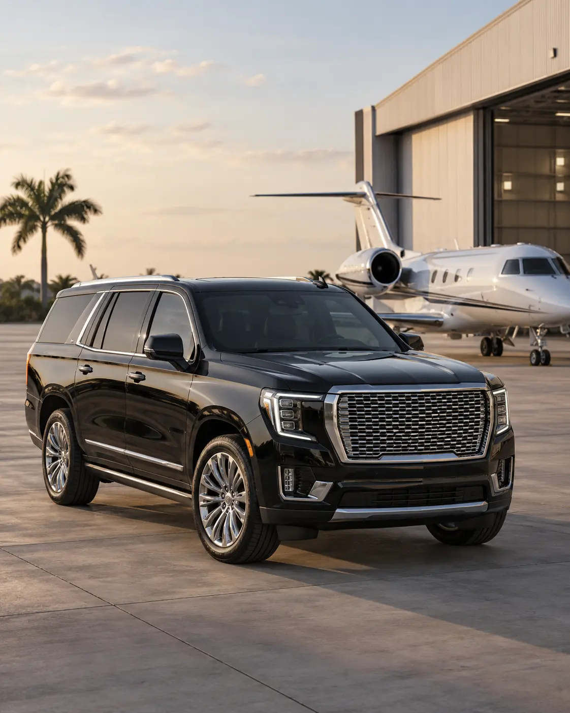 Black luxury SUV parked beside a private jet outside an airport hangar