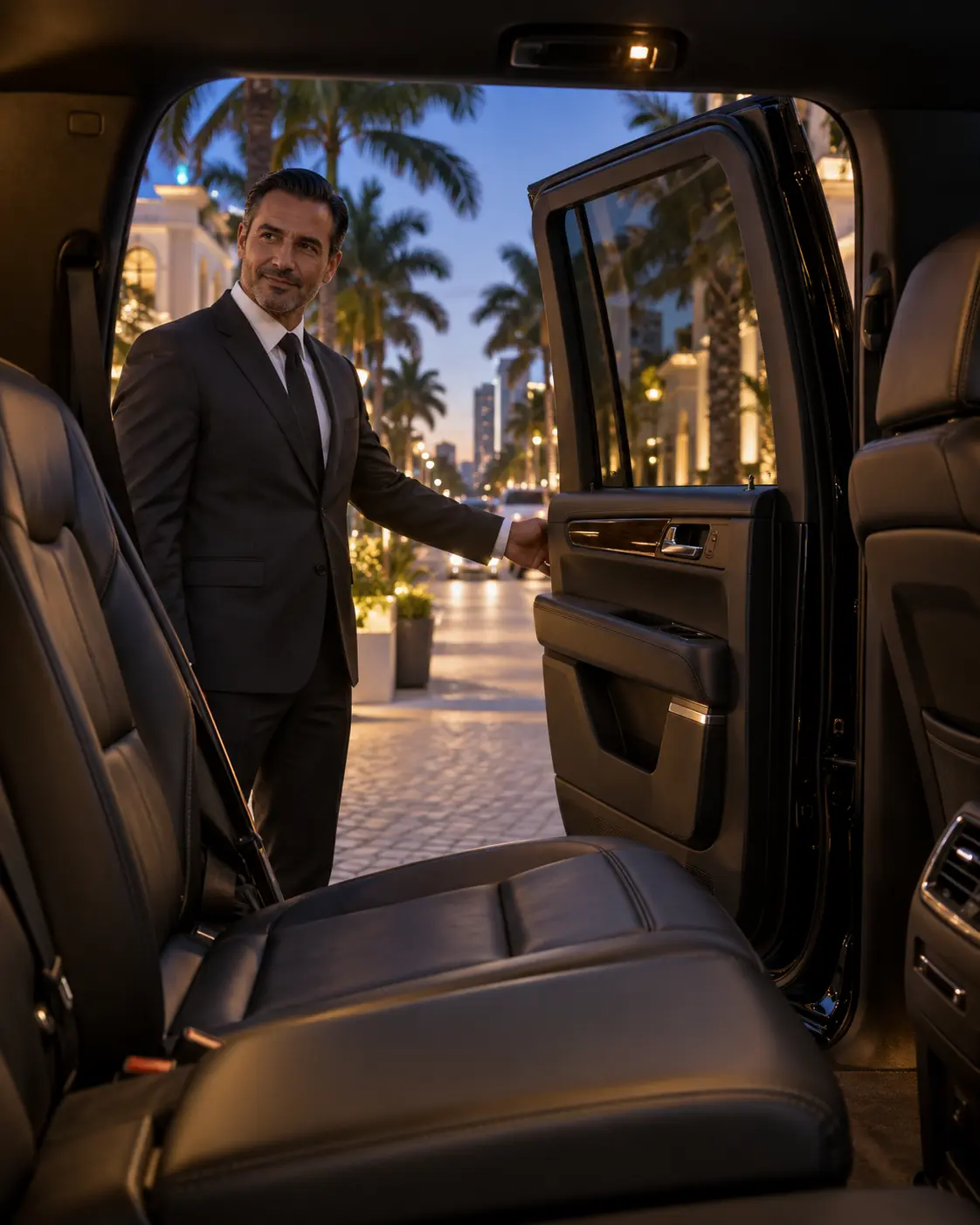 Chauffeur holding open the rear door of a black luxury SUV on a palm-lined street at dusk