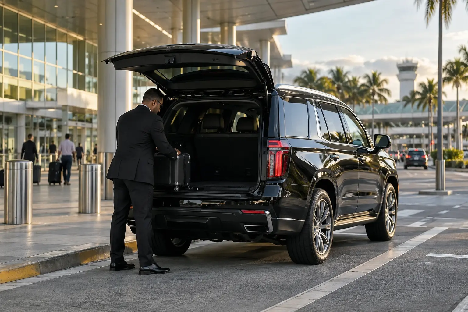 Chauffeur loading luggage into a black executive SUV at a South Florida airport terminal