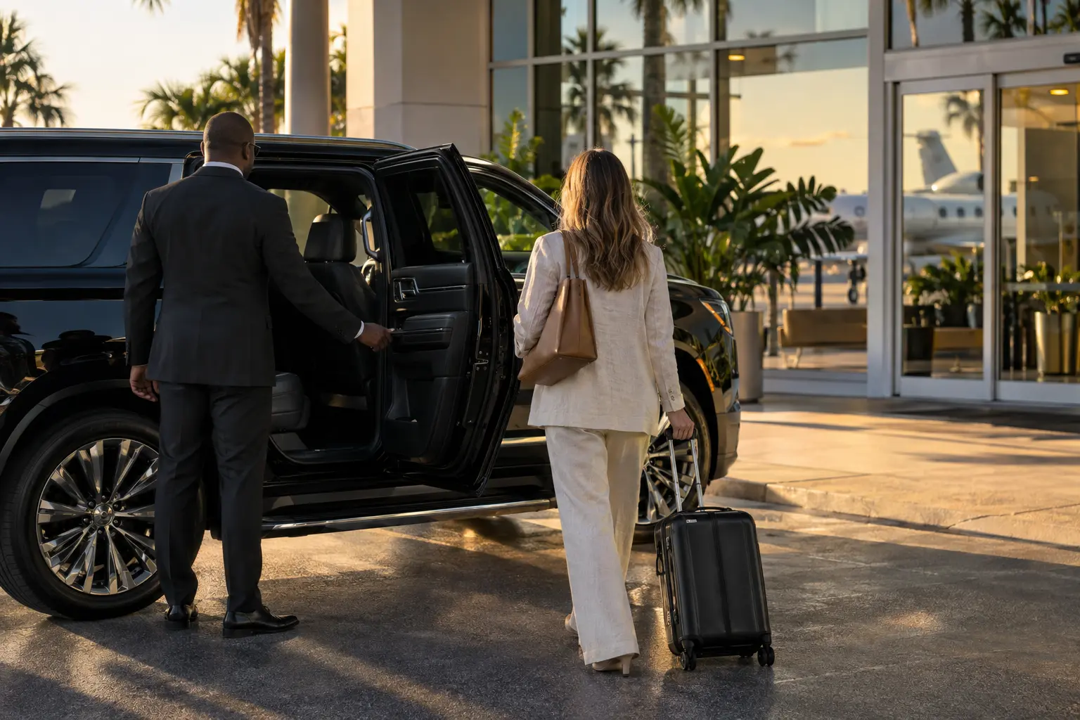 Chauffeur opening a black SUV for a traveler outside a private aviation terminal for private jet transfers in Miami